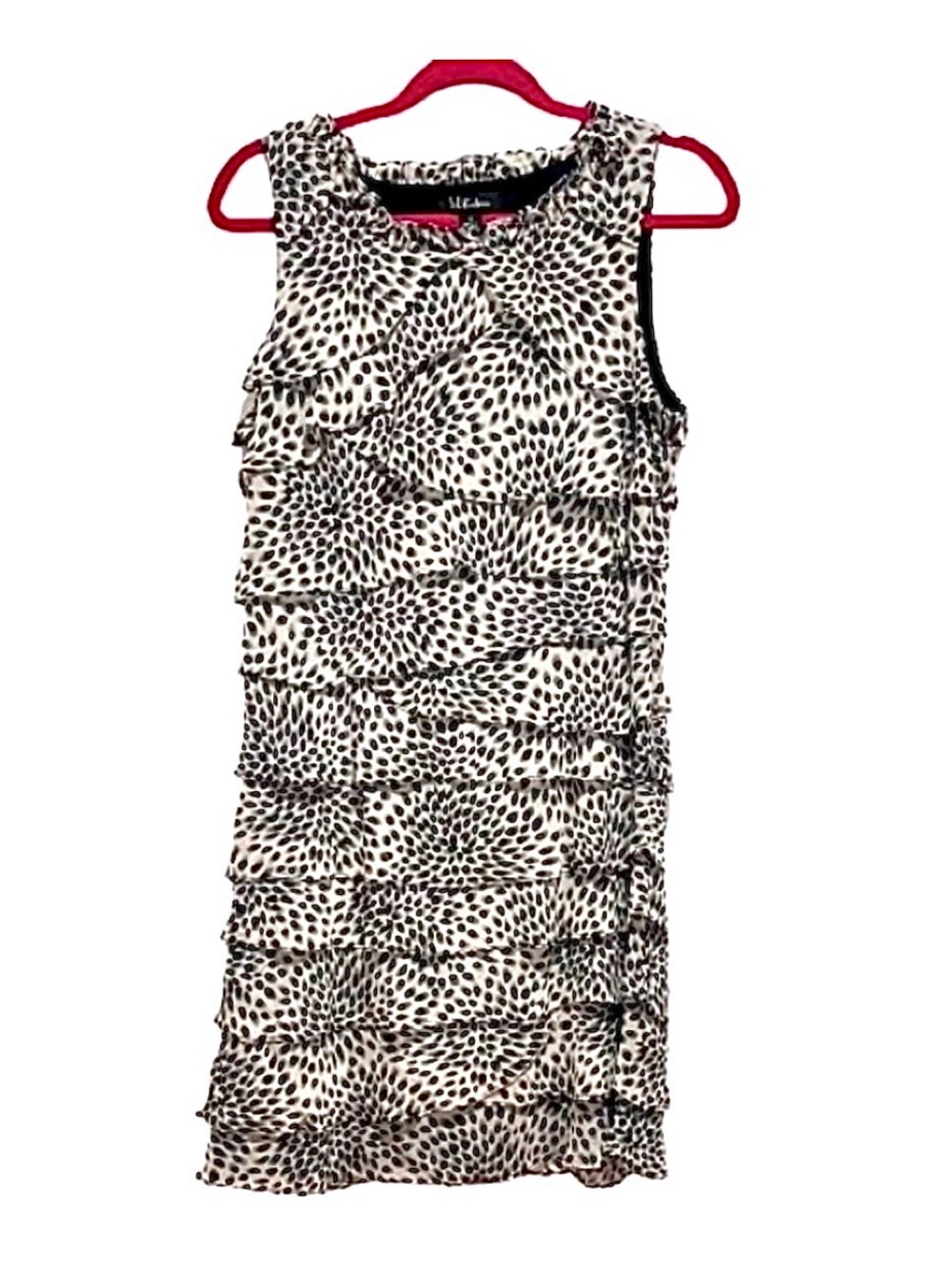 S.L. Fashions-Tiered Ruffle Animal Print Chiffon Dress.
Size: 12